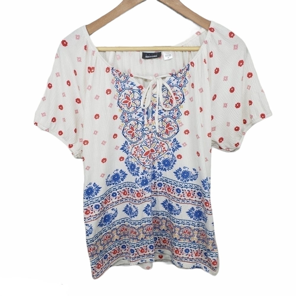 BASIC EDITIONS Floral Pheasant Blouse Size L